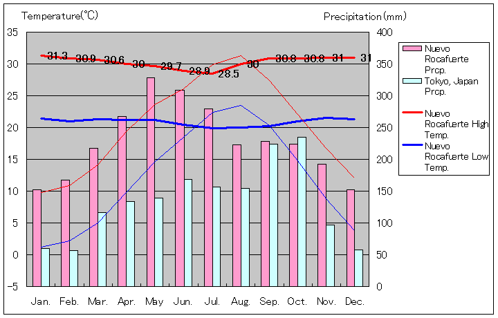 ヌエボ・ロカフエルテ気温、一年を通した月別気温グラフ