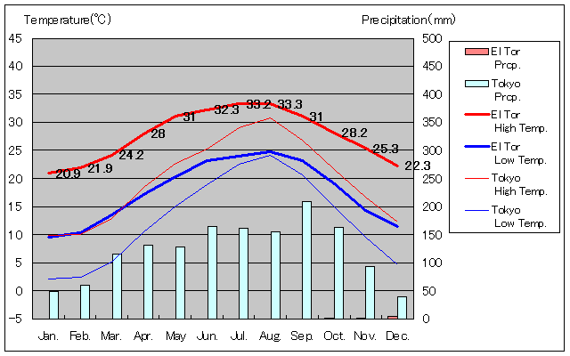エルトール気温、一年を通した月別気温グラフ