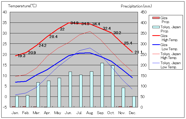 ギザ気温、一年を通した月別気温グラフ