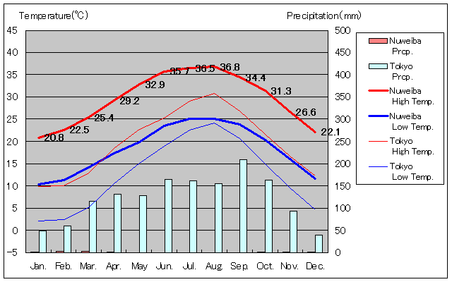 ヌエバア気温、一年を通した月別気温グラフ