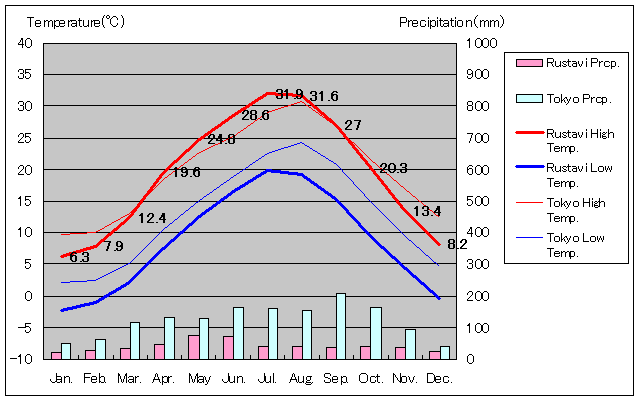 ルスタヴィ気温、一年を通した月別気温グラフ