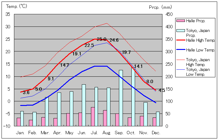 ハレ気温、一年を通した月別気温グラフ