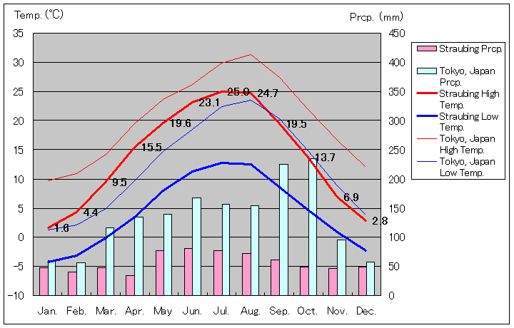 シュトラウビング気温、一年を通した月別気温グラフ