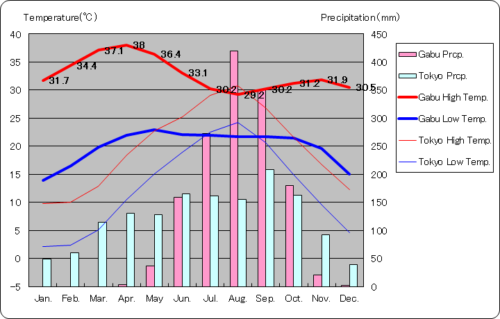 ガブ気温、一年を通した月別気温グラフ