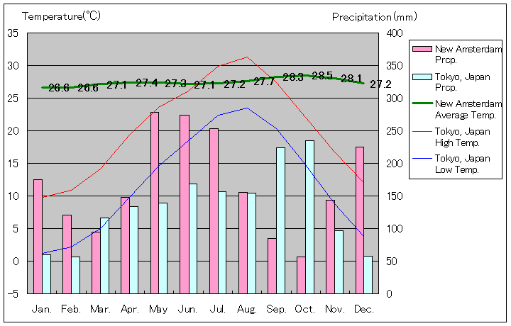 ニューアムステルダム気温、一年を通した月別気温グラフ