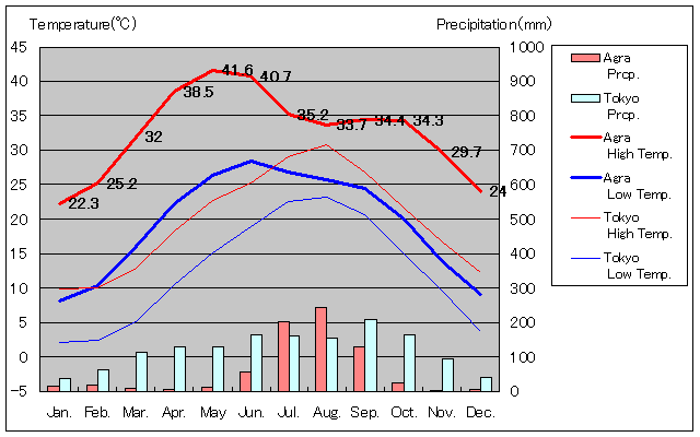 アグラ気温、一年を通した月別気温グラフ