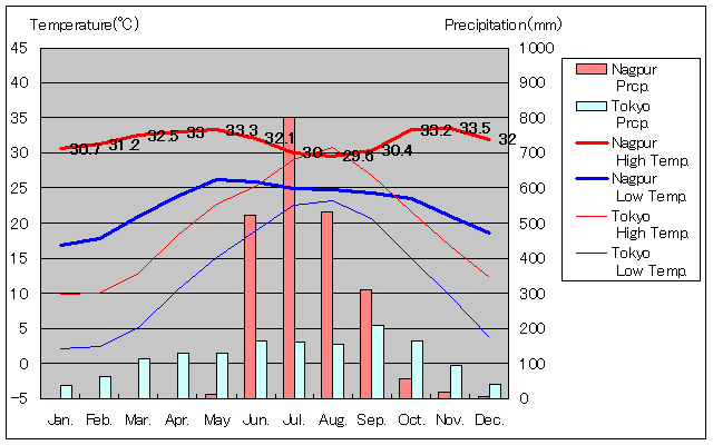ナグプール気温、一年を通した月別気温グラフ