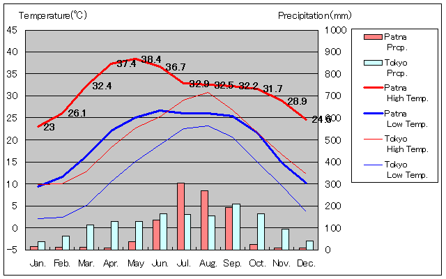 パトナ気温、一年を通した月別気温グラフ
