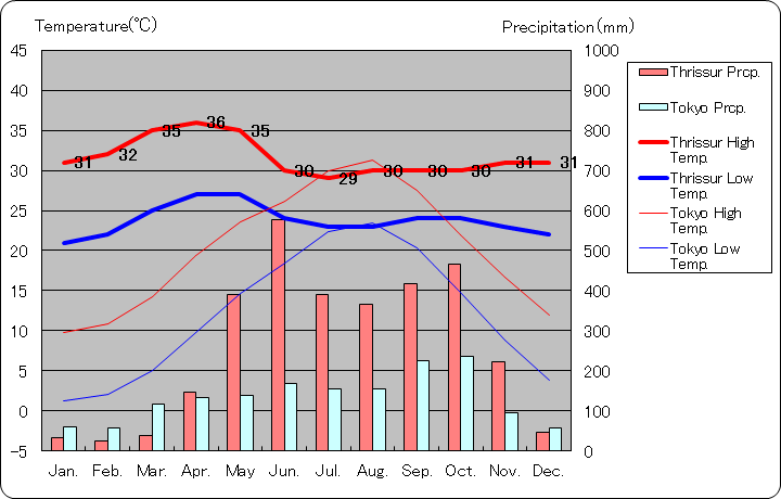 トリッシュール気温、一年を通した月別気温グラフ
