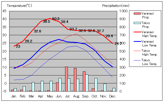 バラナシ気温、一年を通した月別気温グラフ
