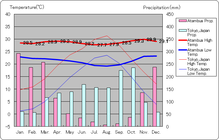 アタムブア気温、一年を通した月別気温グラフ