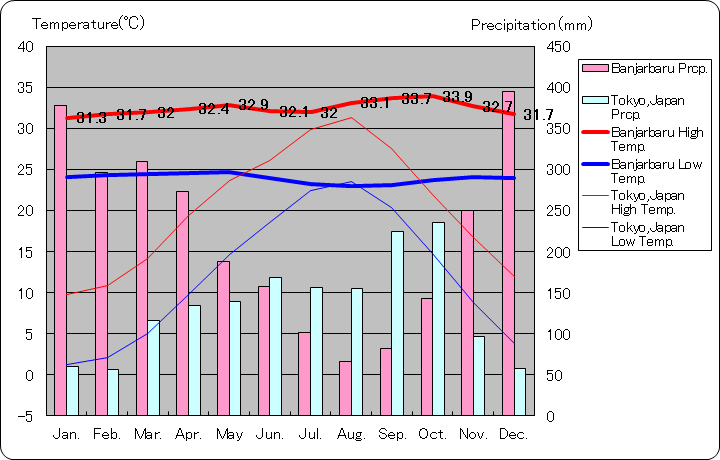 バンジャルバル気温、一年を通した月別気温グラフ