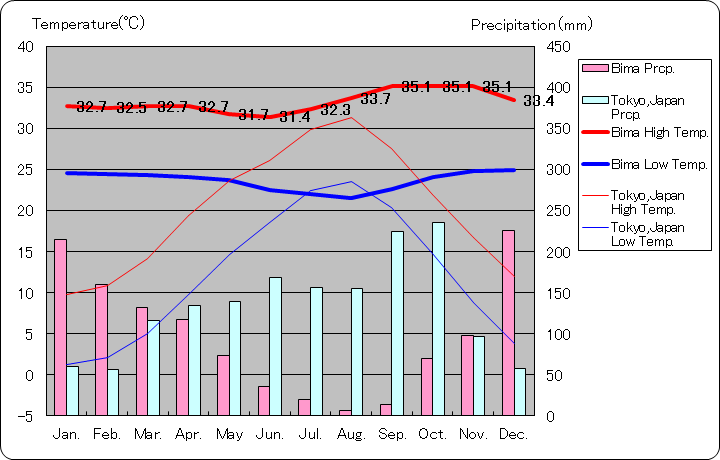 ビマ気温、一年を通した月別気温グラフ