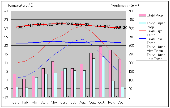 ビンジャイ気温、一年を通した月別気温グラフ