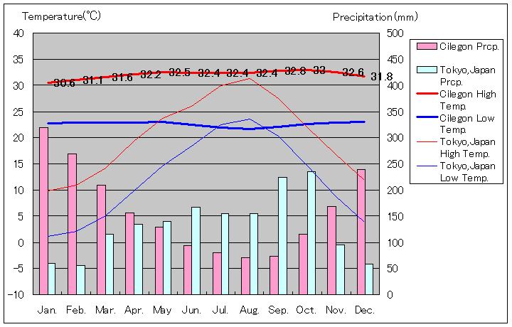 チレゴン気温、一年を通した月別気温グラフ