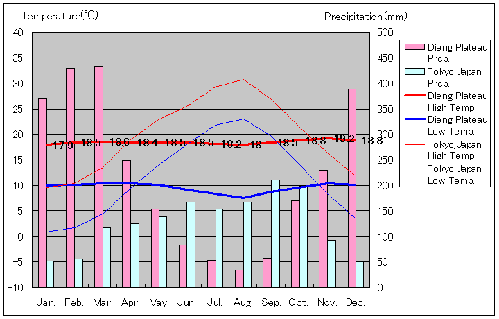 ディエン高原気温、一年を通した月別気温グラフ