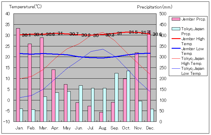 ジェンベル気温、一年を通した月別気温グラフ