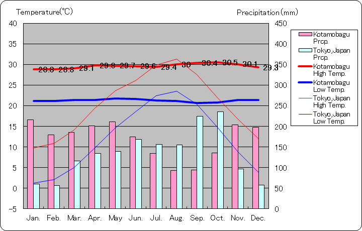 コタモバグ気温、一年を通した月別気温グラフ