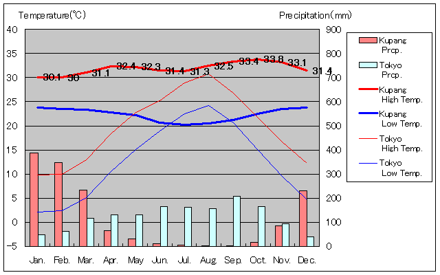 クパン気温、一年を通した月別気温グラフ