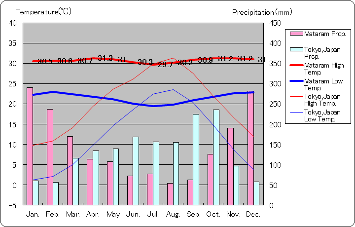 マタラム気温、一年を通した月別気温グラフ