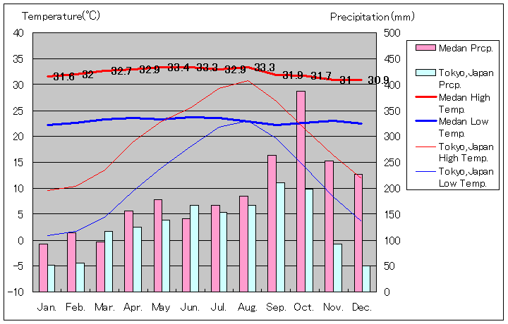 メダン気温、一年を通した月別気温グラフ