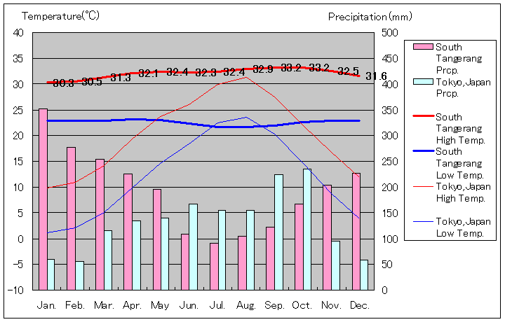 サウス・タンゲラン気温、一年を通した月別気温グラフ