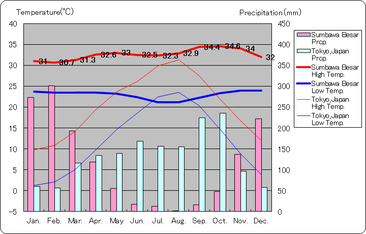 スンバワ・ベサル気温、一年を通した月別気温グラフ