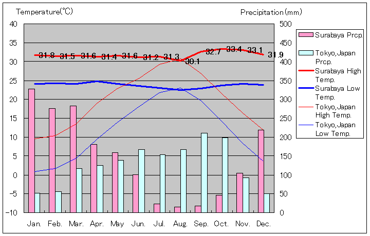 スラバヤ気温、一年を通した月別気温グラフ