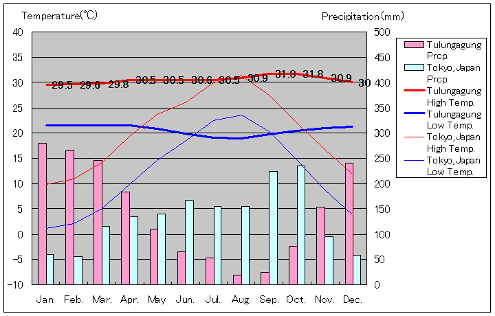 トゥルンガグン気温、一年を通した月別気温グラフ