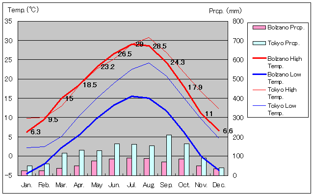 ボルツァーノ気温、一年を通した月別気温グラフ