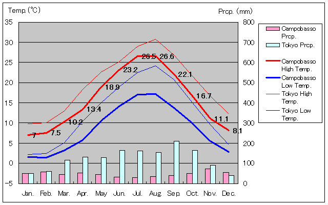 カンポバッソ気温、一年を通した月別気温グラフ