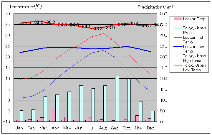 ロドワー気温、一年を通した月別気温グラフ
