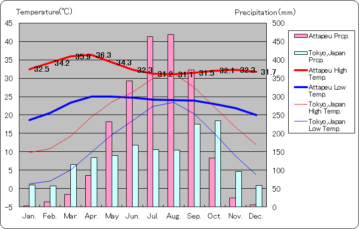 アッタプー気温、一年を通した月別気温グラフ