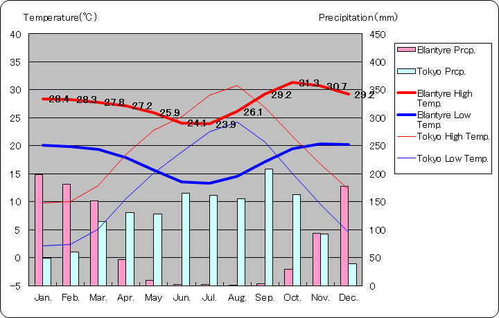 ブランタイヤ気温、一年を通した月別気温グラフ