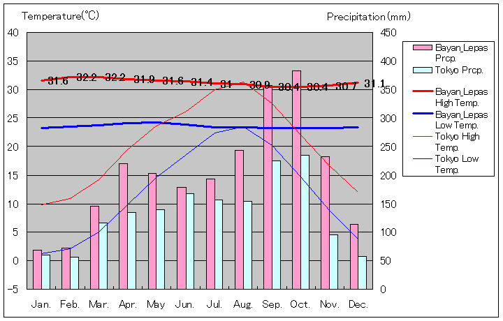 バヤンレパス気温、一年を通した月別気温グラフ
