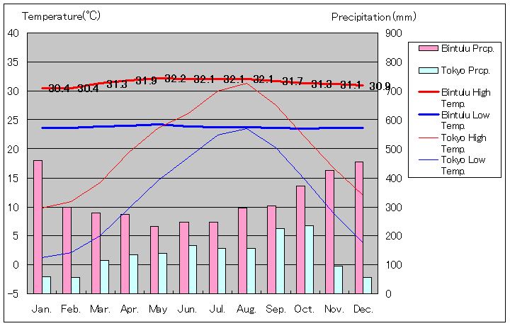 ビントゥル気温、一年を通した月別気温グラフ