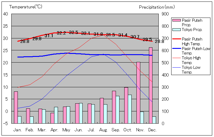 パシール・プテ気温、一年を通した月別気温グラフ