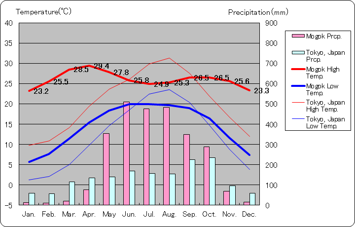 モゴク気温、一年を通した月別気温グラフ
