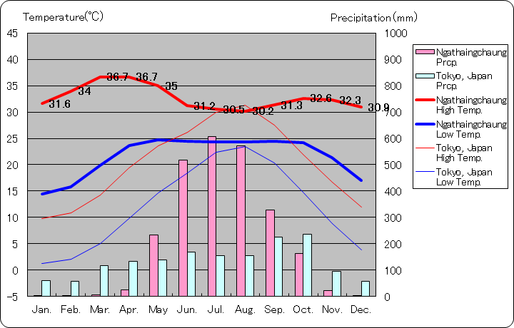 ガタンチャウン気温、一年を通した月別気温グラフ