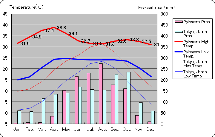 ピンマナ気温、一年を通した月別気温グラフ