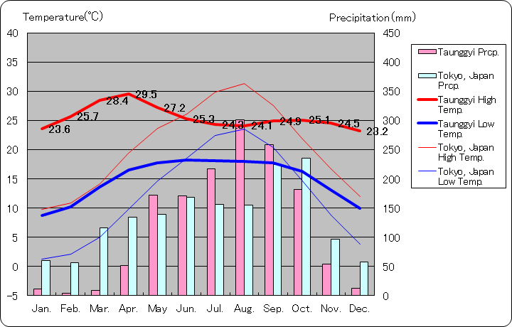 タウンジー気温、一年を通した月別気温グラフ
