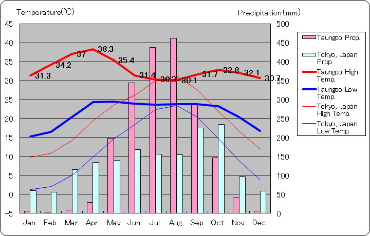 タウングー気温、一年を通した月別気温グラフ