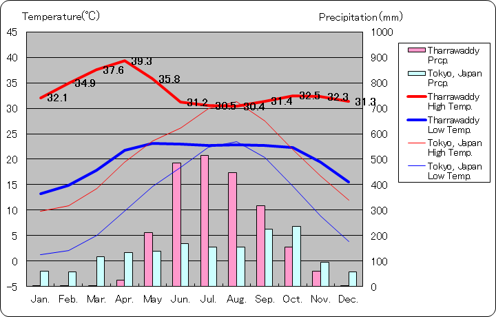 タラワディ気温、一年を通した月別気温グラフ