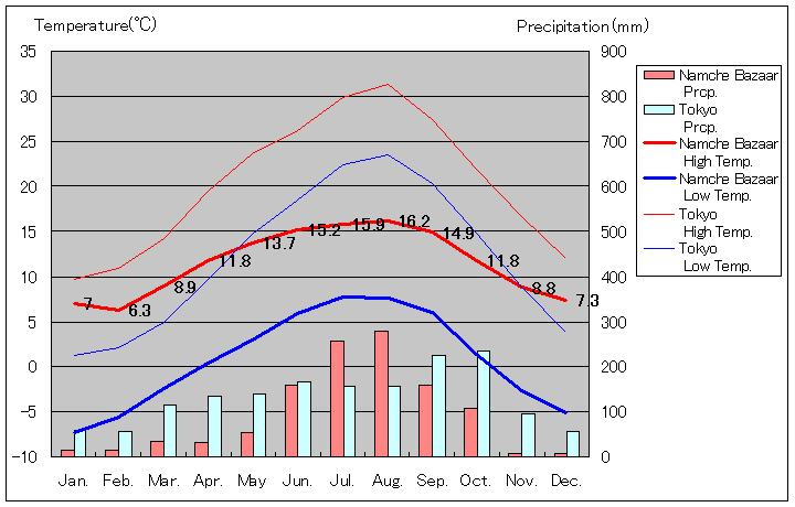 ナムチェ・バザール気温、一年を通した月別気温グラフ