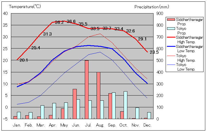 シッダルタナガル気温、一年を通した月別気温グラフ