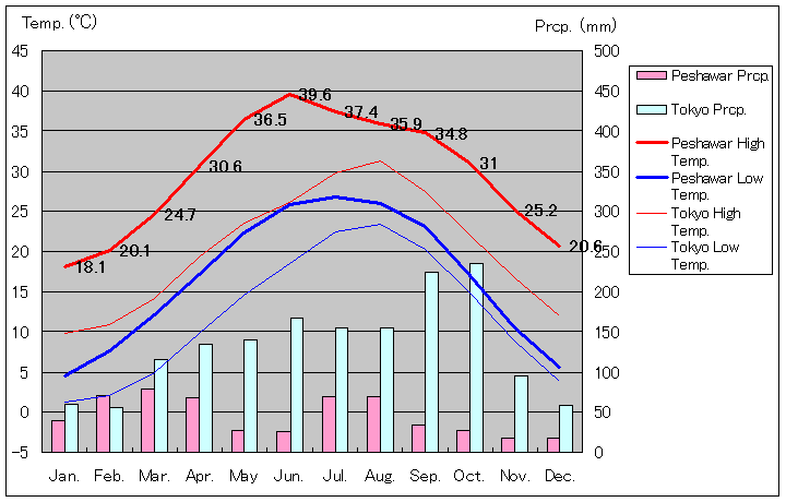 ペシャワール気温、一年を通した月別気温グラフ