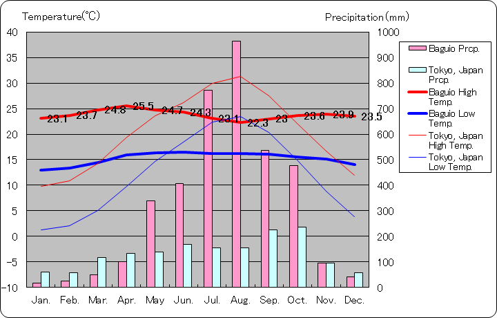 バギオ気温、一年を通した月別気温グラフ