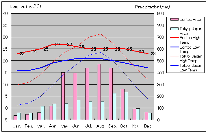 ボントック気温、一年を通した月別気温グラフ