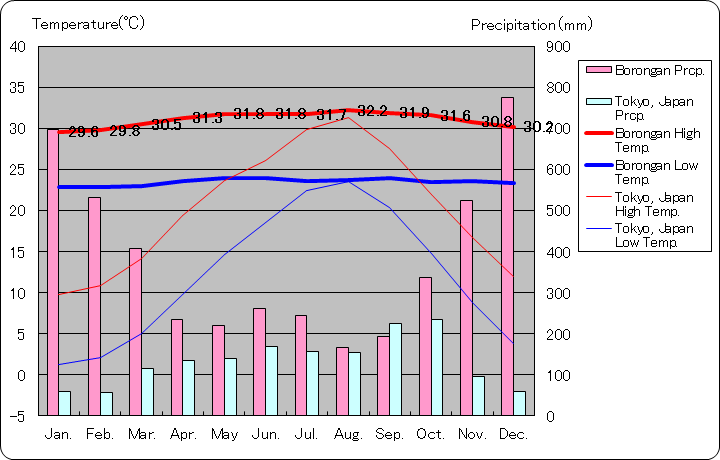 ボロンガン気温、一年を通した月別気温グラフ