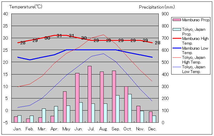 マンブラオ気温、一年を通した月別気温グラフ
